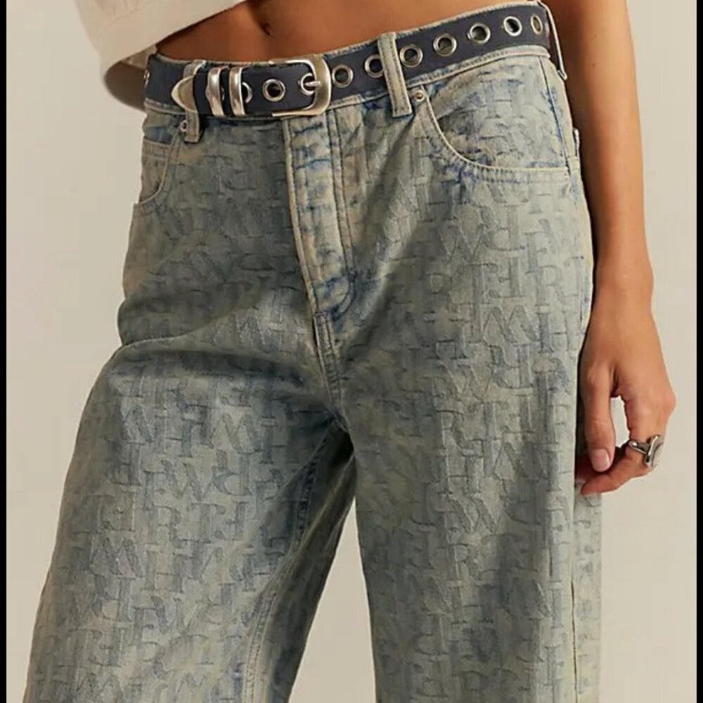 NWT Free People Deep Trance Dropped Jacquard Jeans in Letters - Picture 1 of 5